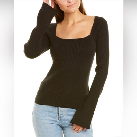 Frame NWT Silk Blend Bell Sleeve Square Neck Rib Knit Fitted Black S MSRP $278 - Picture 1 of 8